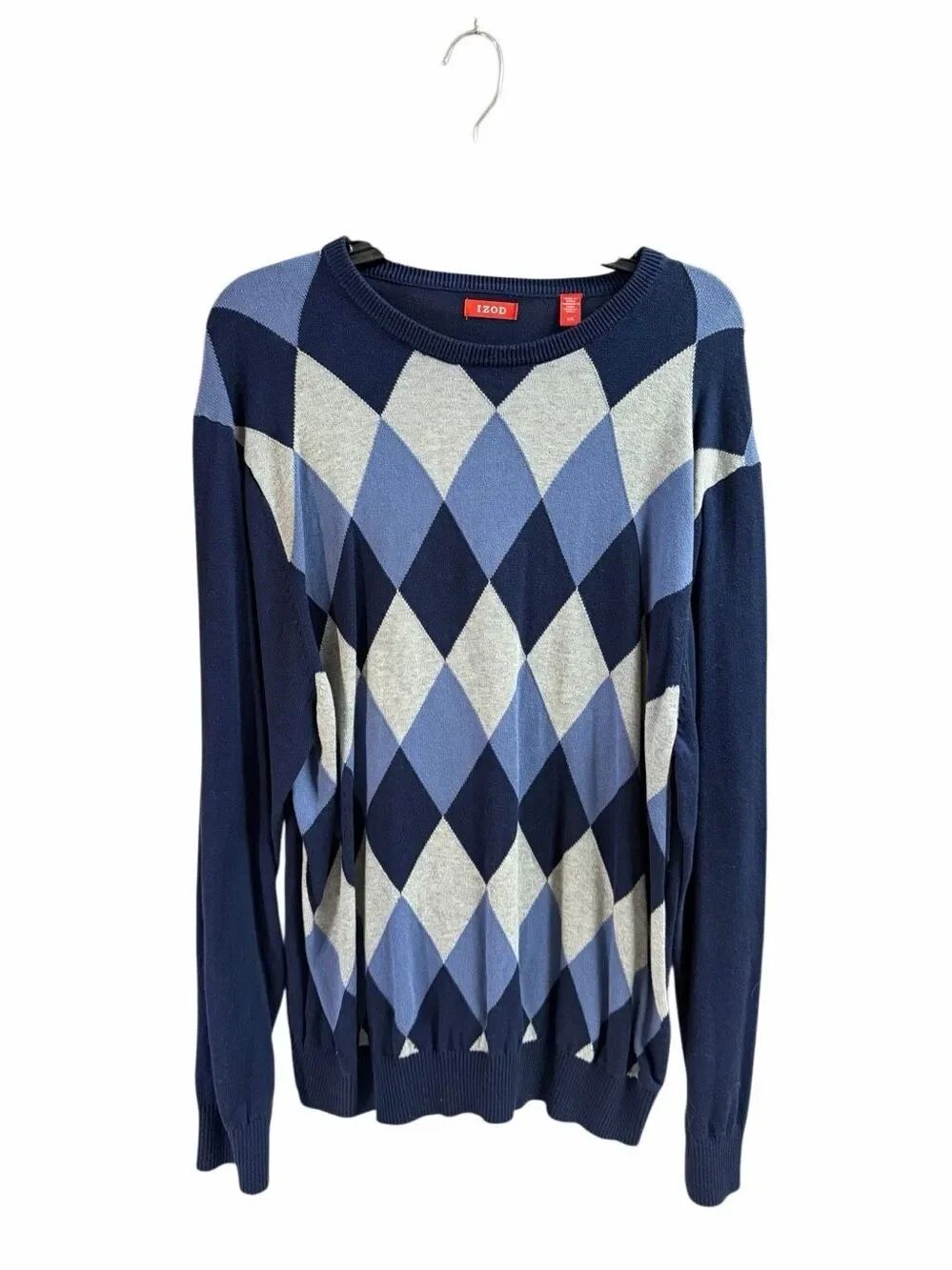 IZOD Men’s Large 100% Cotton Argyle Crewneck Knit Sweater Blue Classic Preppy